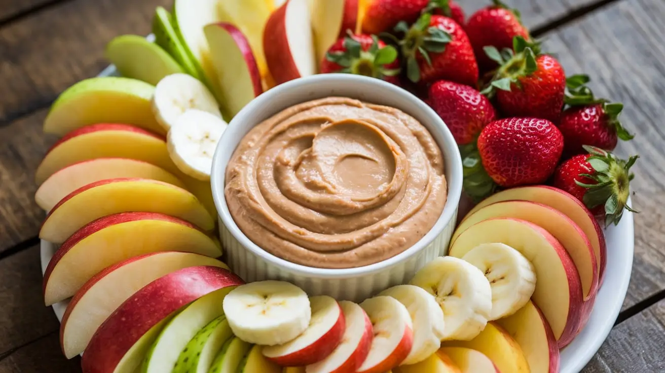 A colorful assortment of fruits with a bowl of creamy peanut butter fruit dip on a rustic table.