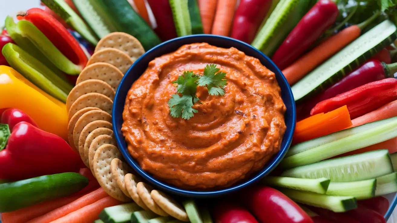 A bowl of Sweet Chili Cream Cheese Dip with fresh veggies and crackers for dipping.