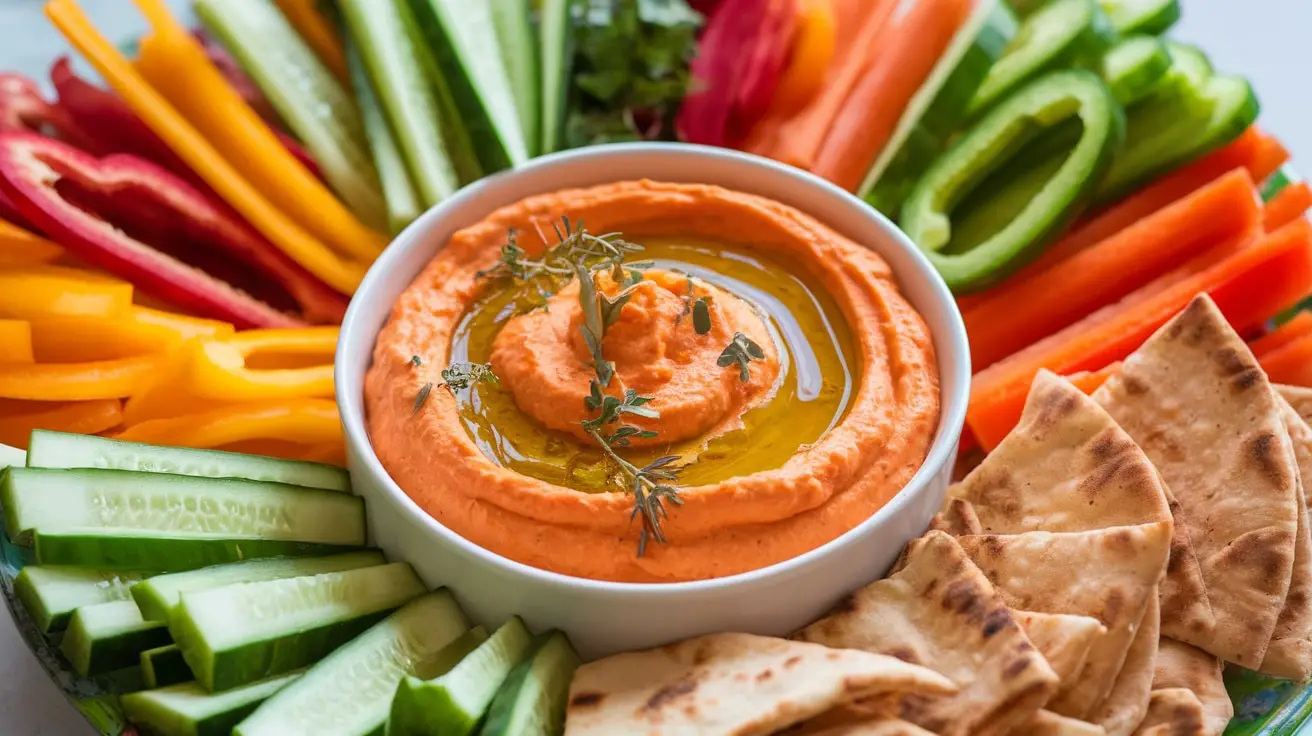 A vibrant bowl of Carrot and Harissa Yogurt Dip with fresh veggies and pita chips on a lively table setting.