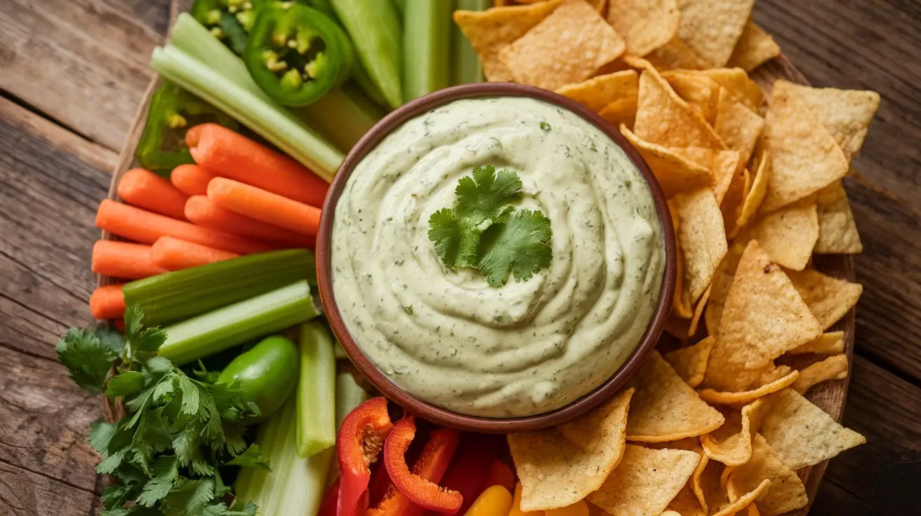 Creamy Jalapeño Ranch Dip in a bowl with fresh veggies and chips on a rustic wooden table.