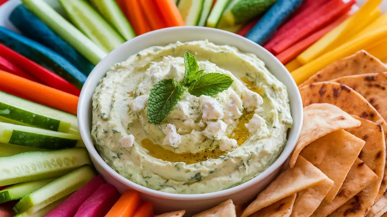 A refreshing Cucumber Lime Feta Dip with cucumber chunks and feta, served with veggie sticks and pita chips.