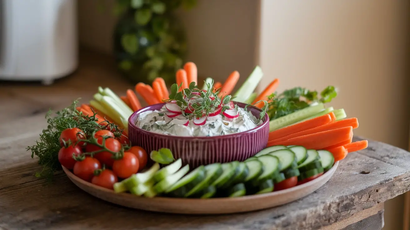 A bowl of creamy radish and herb dip with fresh vegetables on a rustic table.