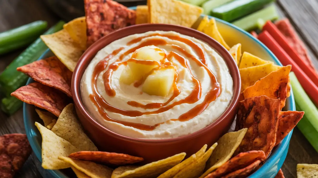 Creamy Sweet Chili Cream Cheese and Pineapple Dip served with tortilla chips and fresh vegetable sticks.