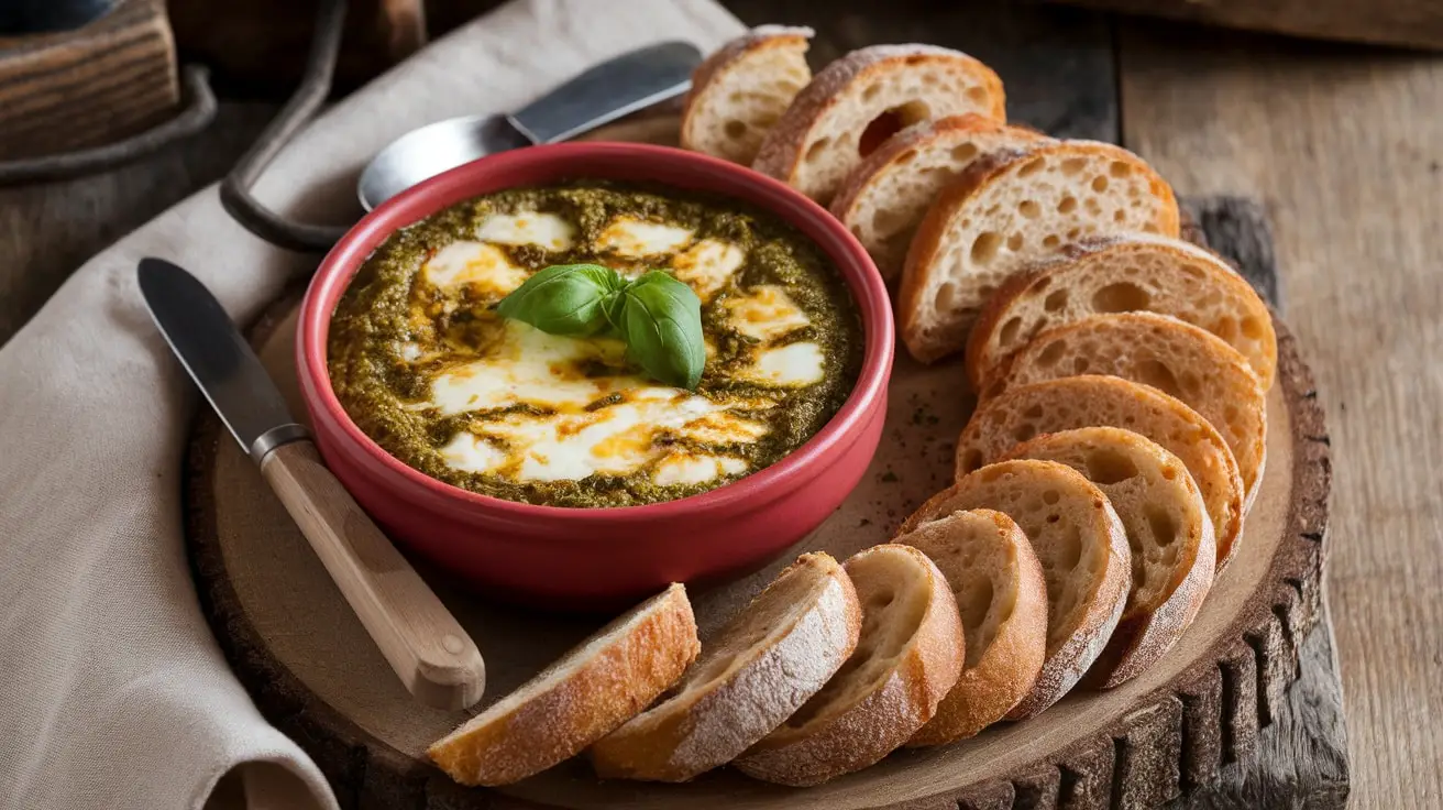 Warm pesto and mozzarella dip in a bowl with toasted bread on a rustic wooden platter.