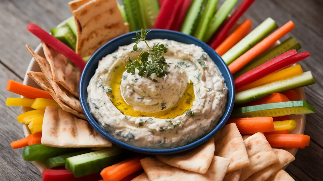 A bowl of creamy white bean lemon herb dip garnished with herbs, served with colorful vegetable sticks and pita chips.