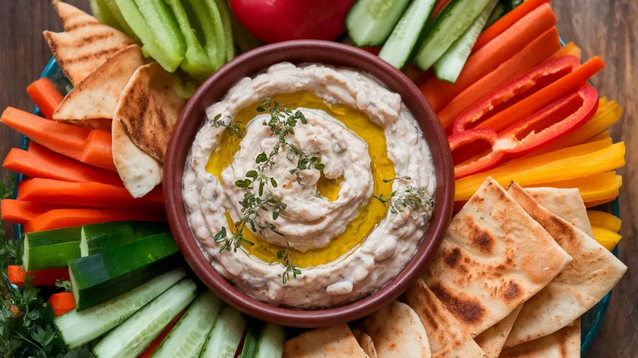 Creamy white bean and garlic dip in a bowl with fresh vegetables and pita chips.