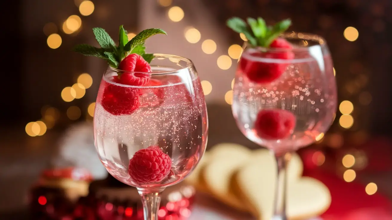 A refreshing Raspberry Rose Sparkling Mocktail in an elegant glass, garnished with raspberries and mint, with Valentine