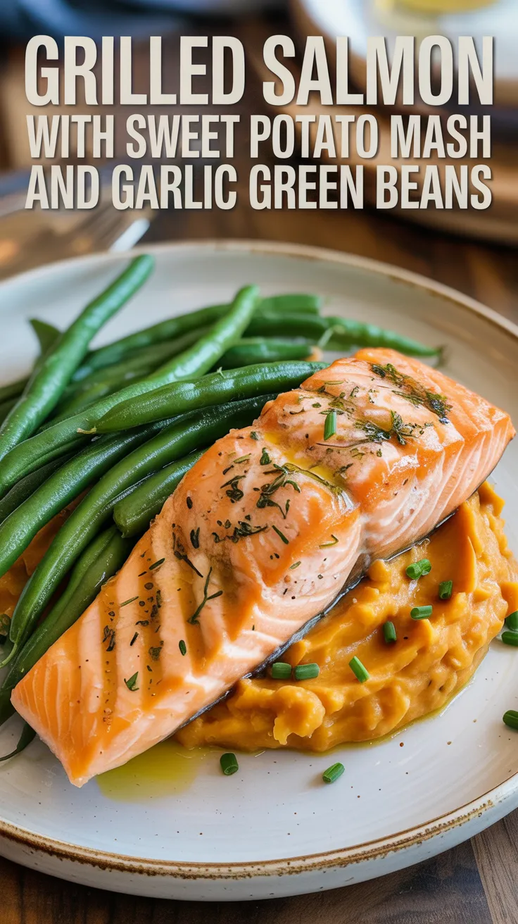 Grilled Salmon with Sweet Potato Mash and Garlic Green Beans