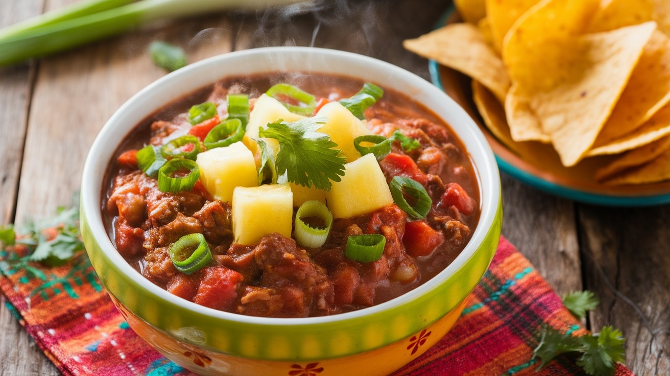 A colorful bowl of Hawaiian chili with pineapple, garnished with green onions and cilantro, alongside tortilla chips.