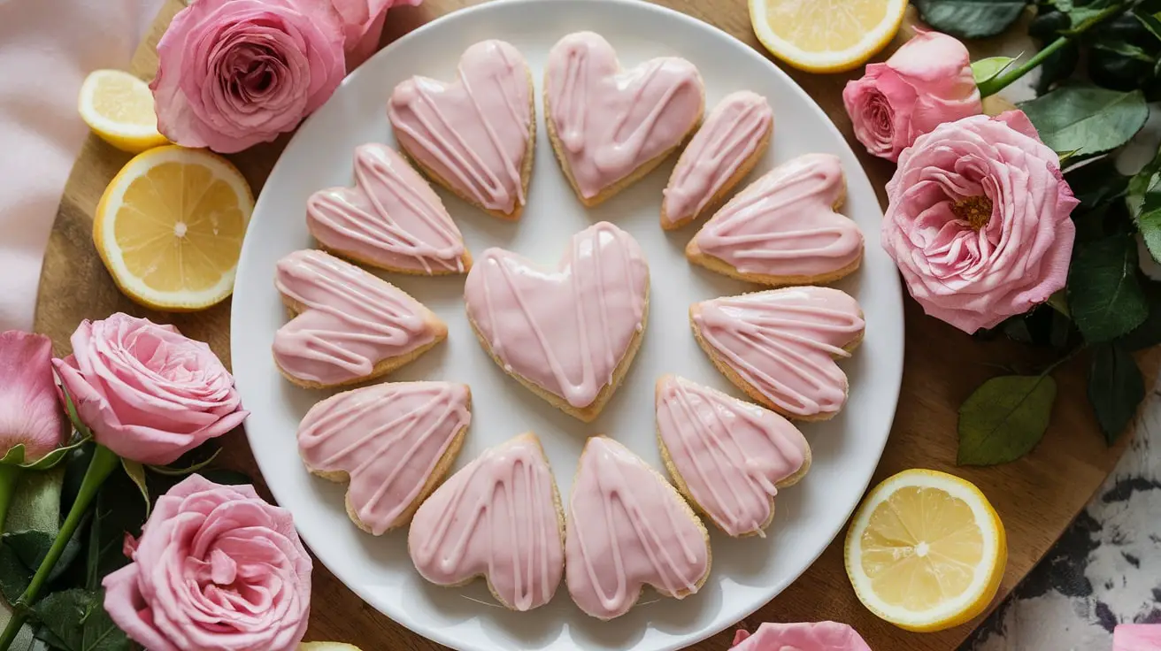 Heart-shaped pink lemonade shortbreads with pink glaze, decorated with roses and lemon slices.