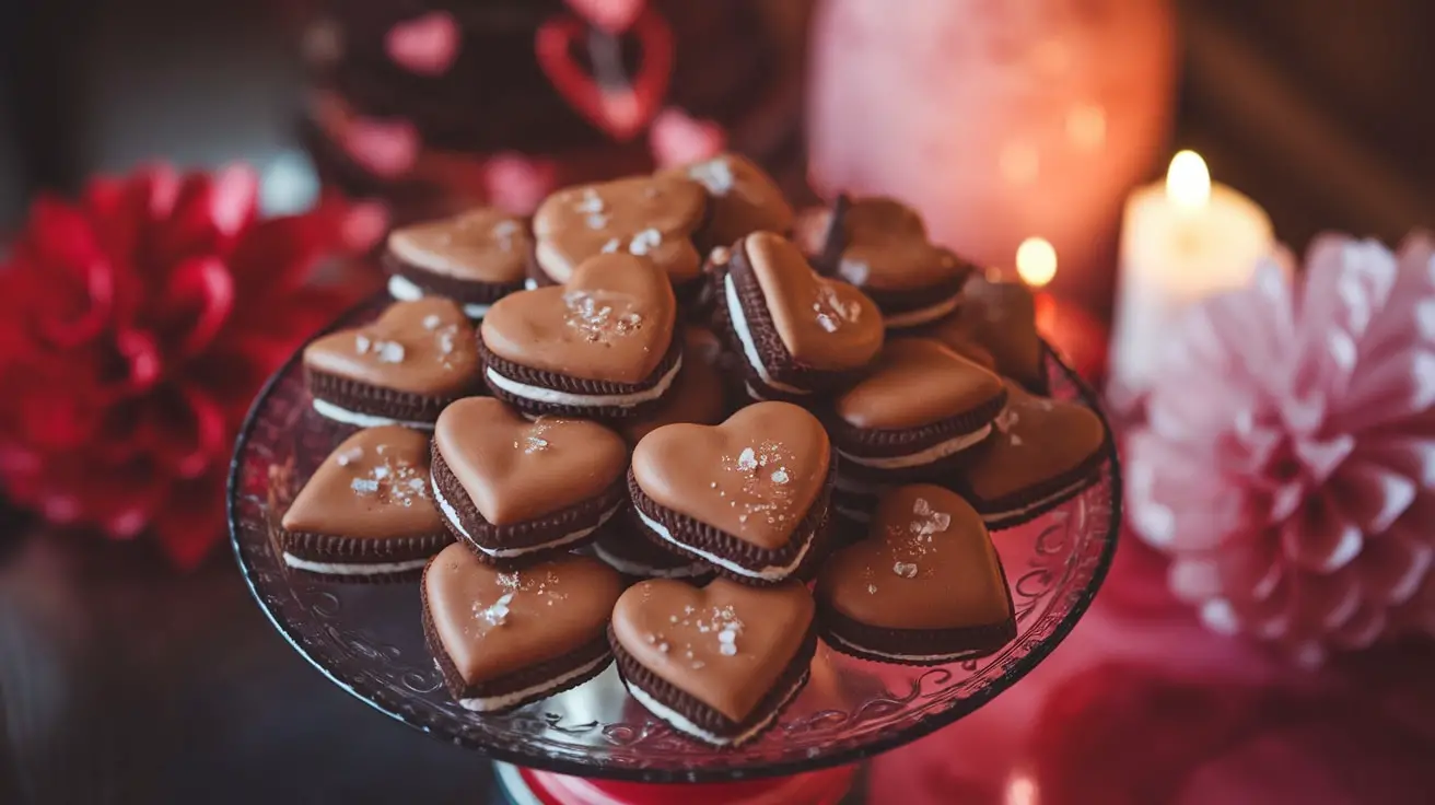 Delicious heart-shaped cookies with salted caramel centers, garnished with sea salt, perfect for Valentine