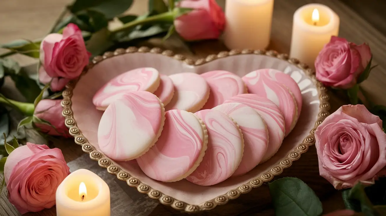 Pink marbled wafers arranged on a heart-shaped platter with roses.