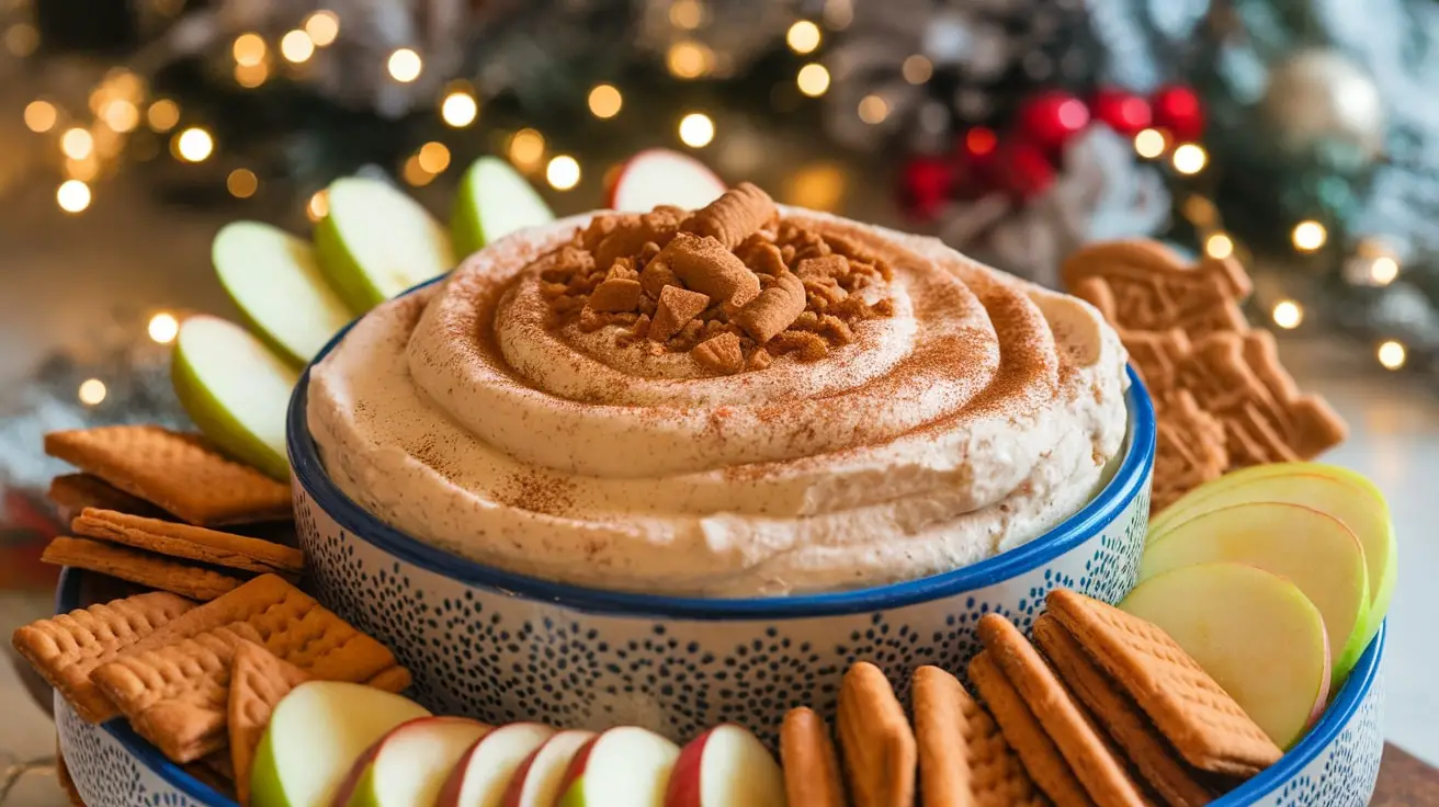 Creamy Gingerbread Cheesecake Dip in a bowl, surrounded by gingerbread cookies, graham crackers, and apple slices for dipping.