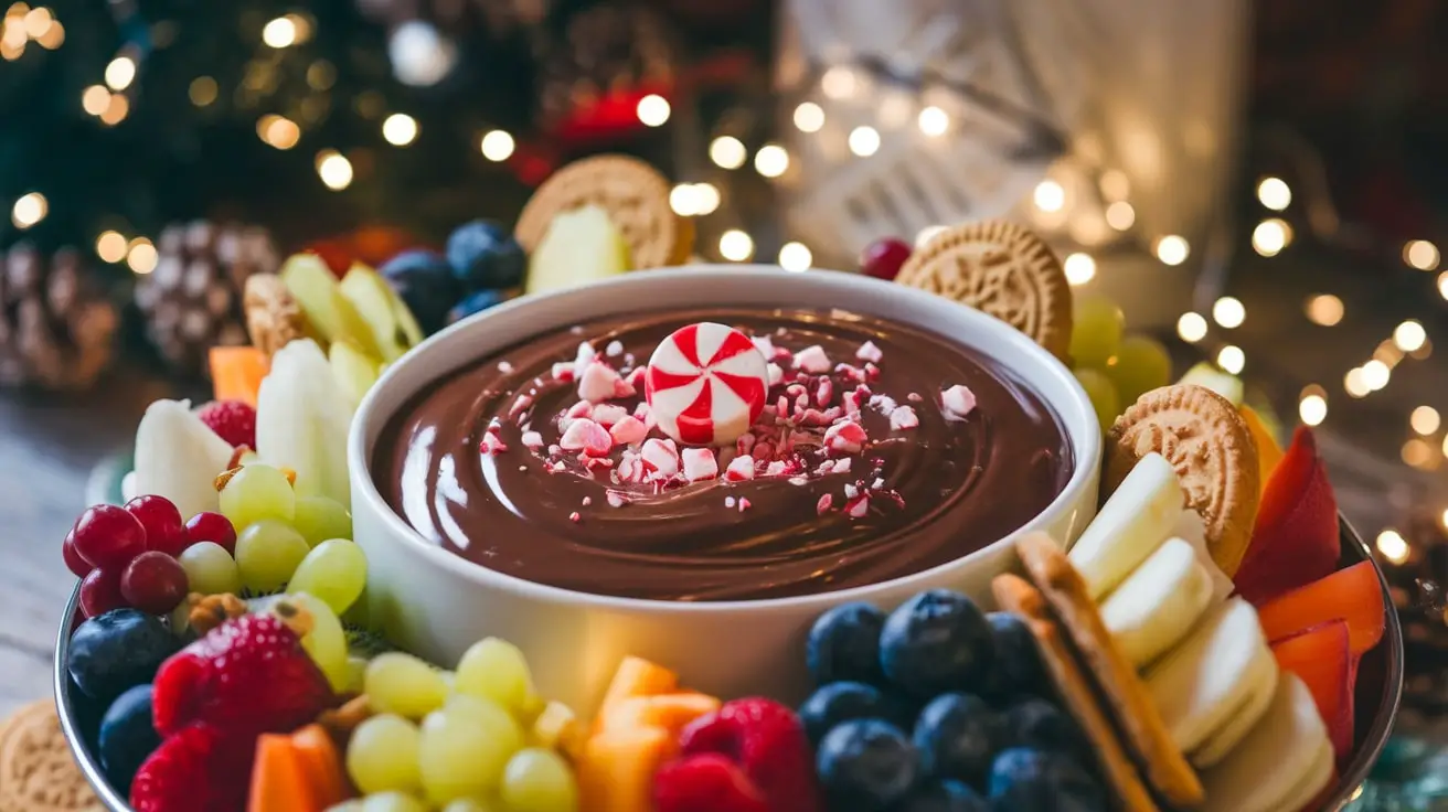 A bowl of peppermint chocolate dessert dip with peppermint garnish, served with cookies and fruits.