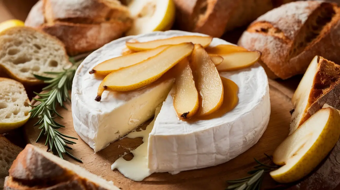 Baked Camembert topped with caramelized pears on a wooden board, served with crusty bread.