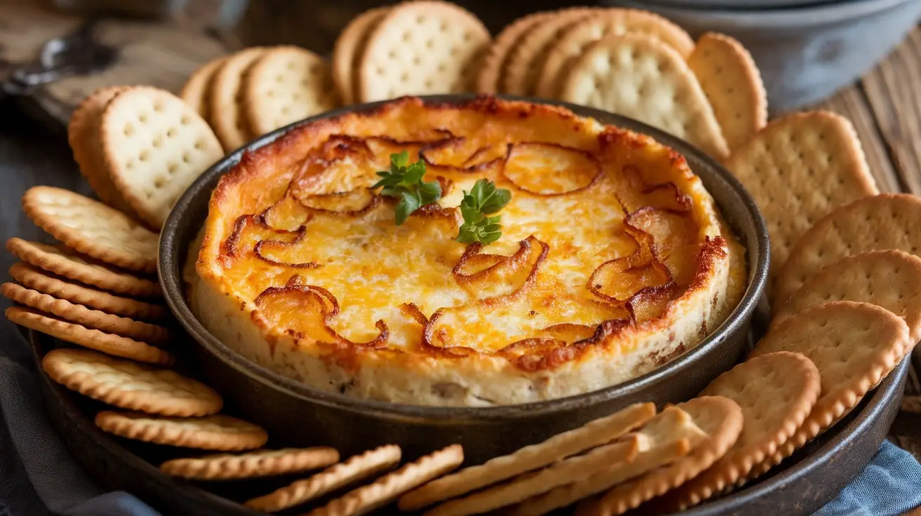 Warm caramelized shallot and Gruyère dip in a baking dish with crackers around it on a wooden table.