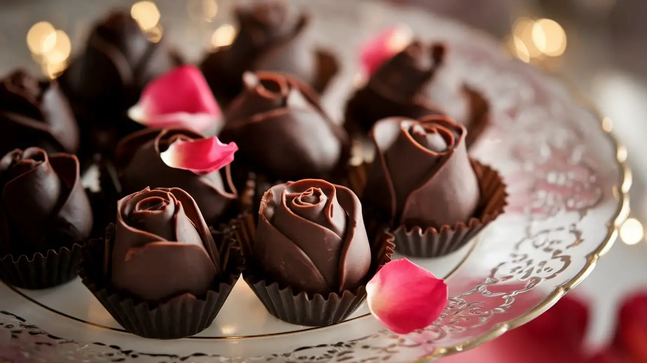 Elegant Dark Chocolate Rosebud Bites garnished with rose petals on a decorative plate.