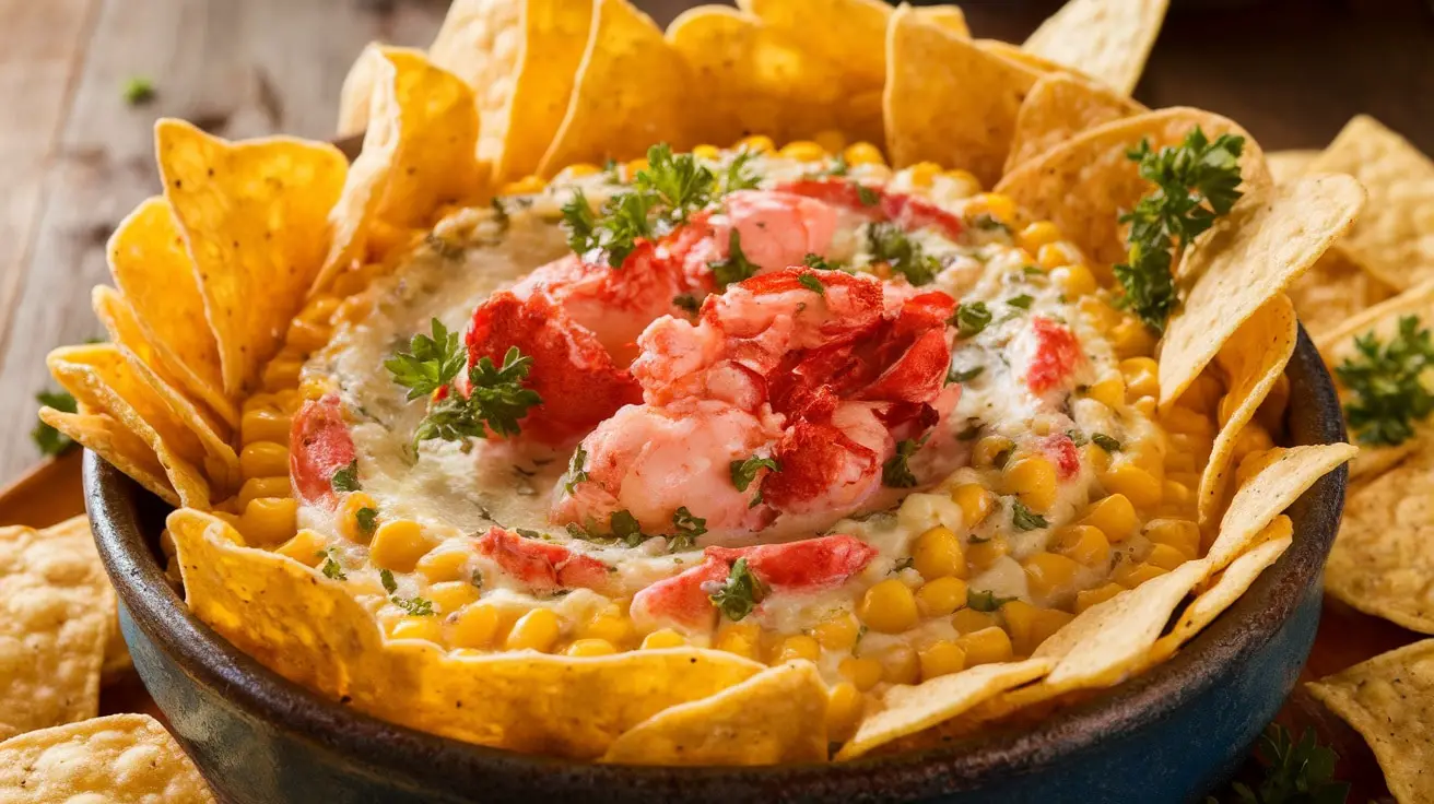 A creamy Sweet Corn and Lobster Dip in a rustic dish with parsley garnish, served with tortilla chips on a wooden table.