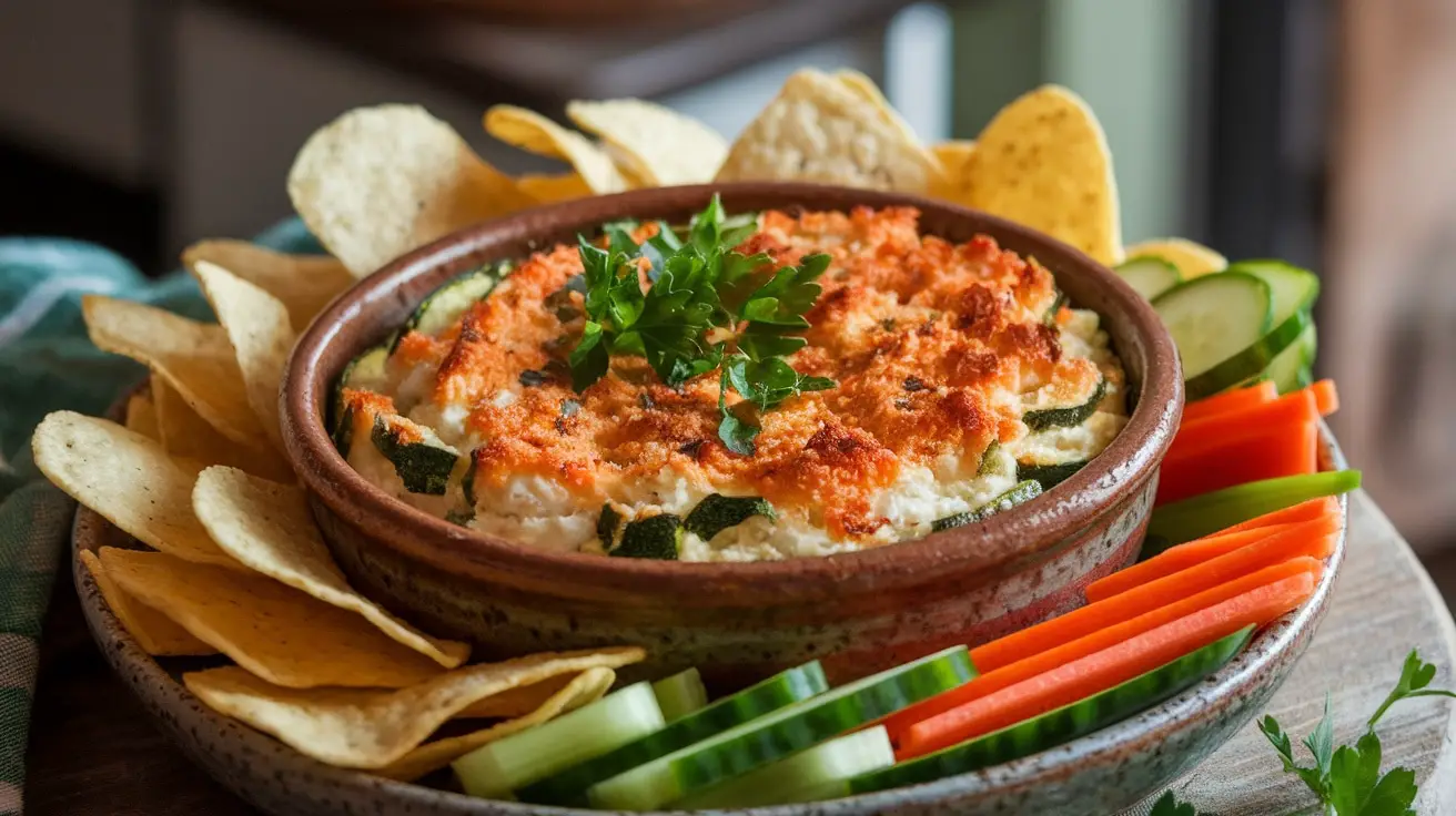 Creamy Baked Zucchini and Goat Cheese Dip in a dish, garnished with parsley, served with tortilla chips and fresh vegetables.