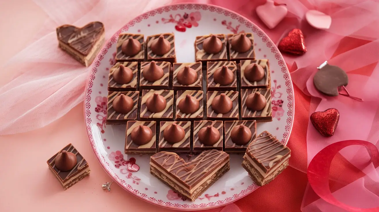 A plate of Caramel Kiss Valentine Bars drizzled with caramel and topped with chocolate kisses, perfect for Valentine