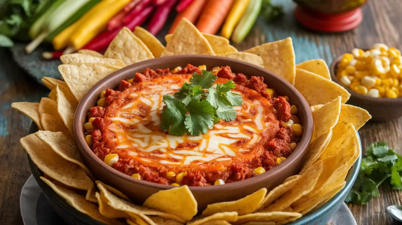 A cheesy chorizo corn dip in a bowl with tortilla chips on a wooden table.