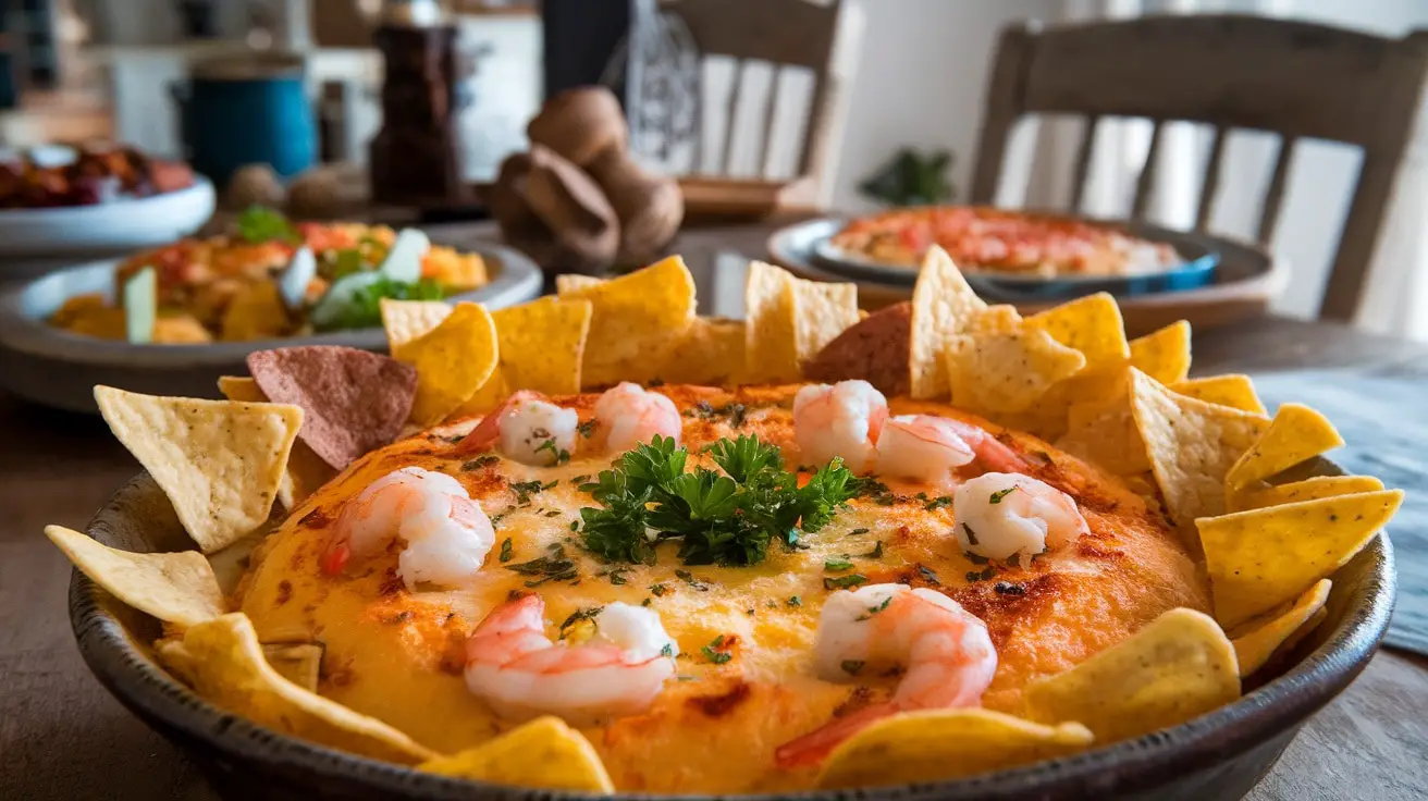 Creamy Parmesan and shrimp dip in a bowl, garnished with parsley, with tortilla chips on the side.