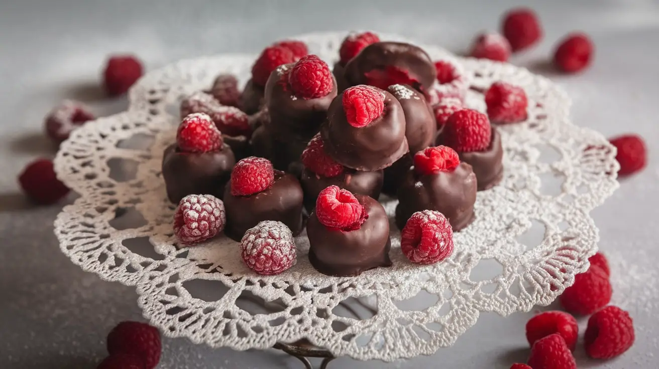 Dark Chocolate Raspberry cookies with a shiny coating and raspberry filling, surrounded by fresh raspberries on a lace doily.