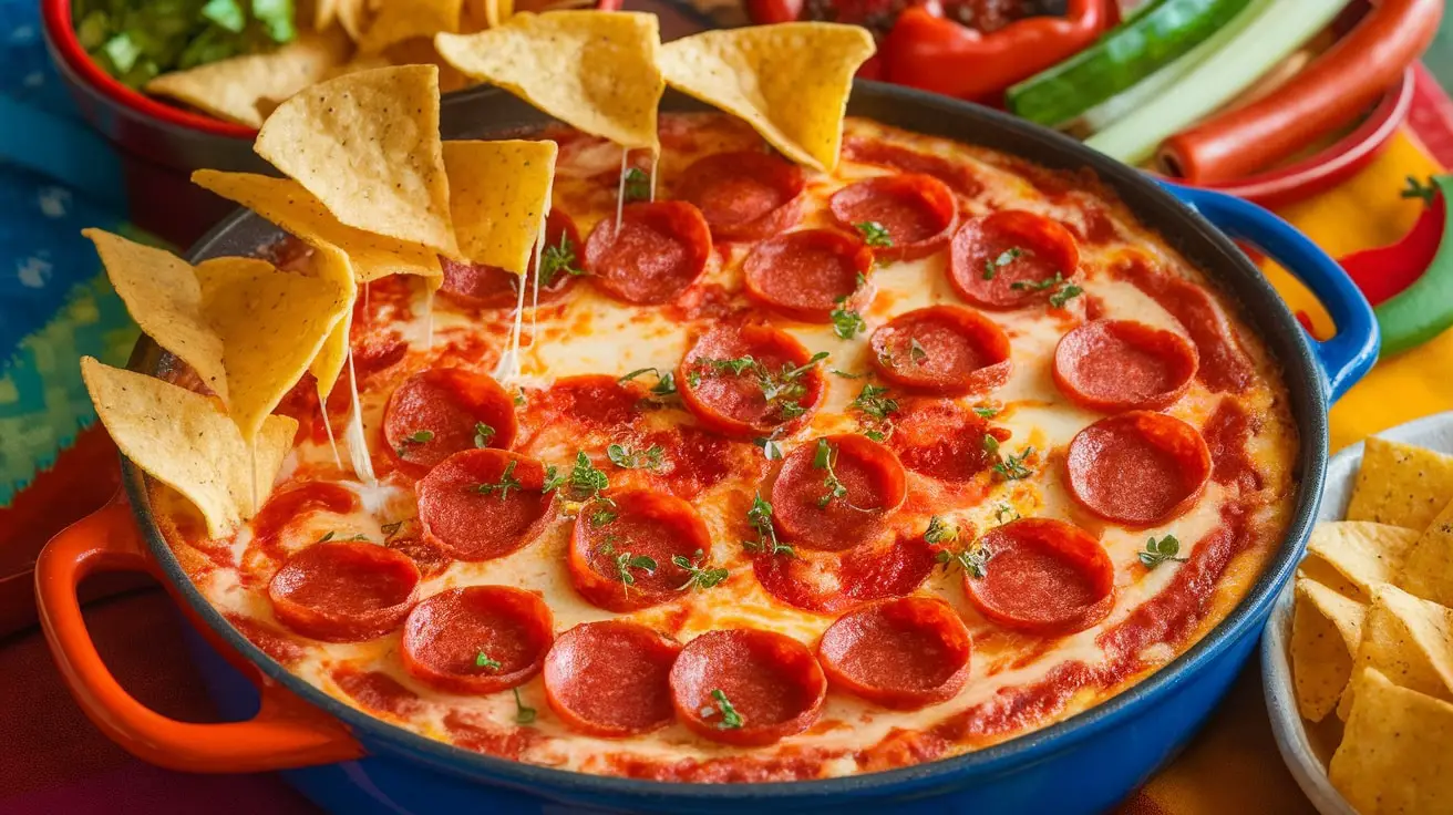 A warm, cheesy Hot Pepperoni Pizza Dip with pepperoni slices and tortilla chips on a colorful table.