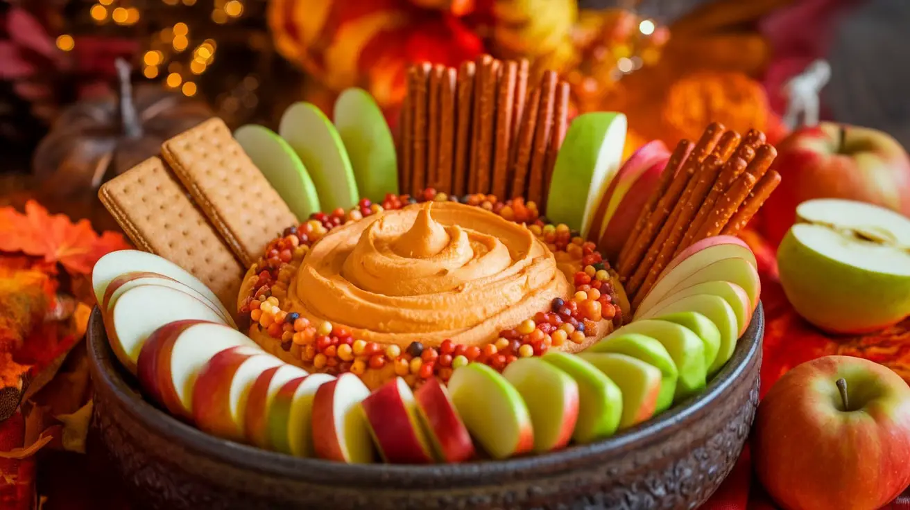 Pumpkin Spice Cream Cheese Dip with apple slices and graham crackers on a rustic wooden table.