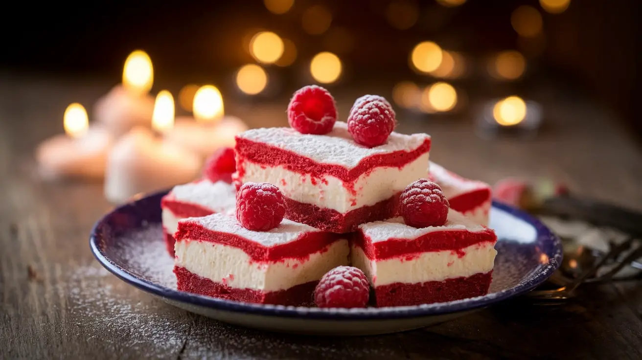 Red Velvet Cheesecake Bars on a plate, dusted with powdered sugar, garnished with raspberries.