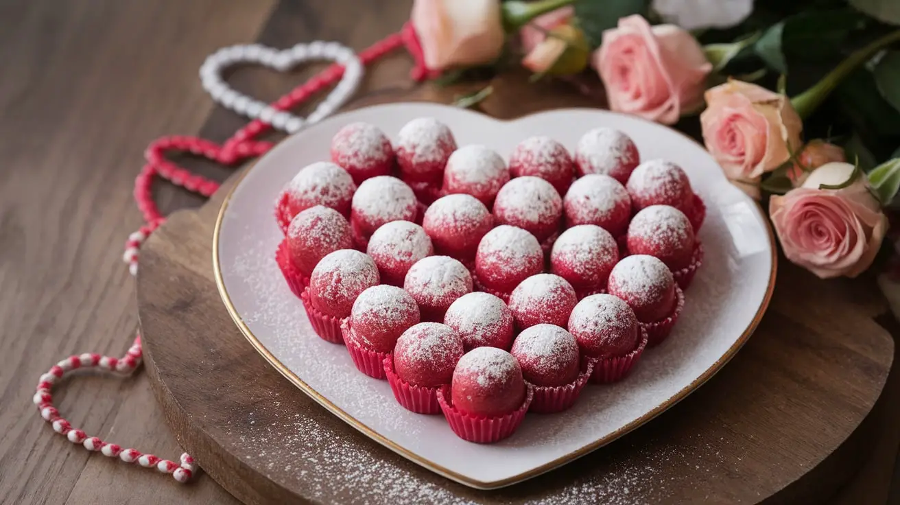 A plate of decadent Red Velvet Fudge Bites dusted with powdered sugar, ideal for Valentine