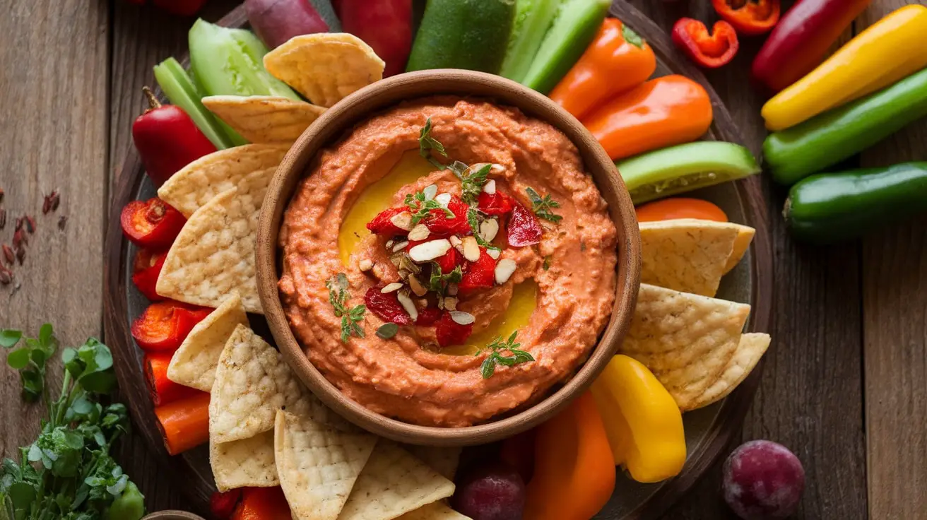 A bowl of roasted red pepper feta dip with almonds, served with vegetables and pita chips on a wooden table.