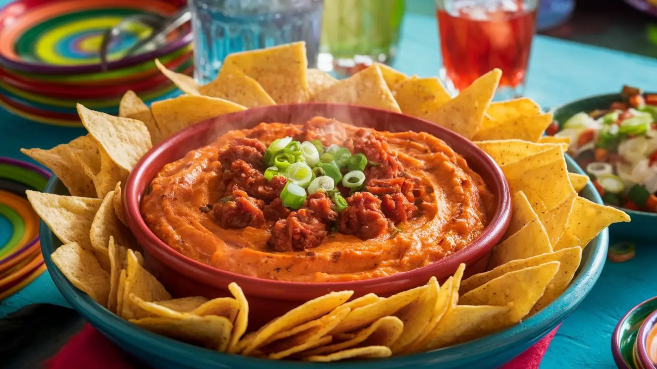 Creamy Spicy Chorizo Cheese Dip with tortilla chips, garnished with green onions.