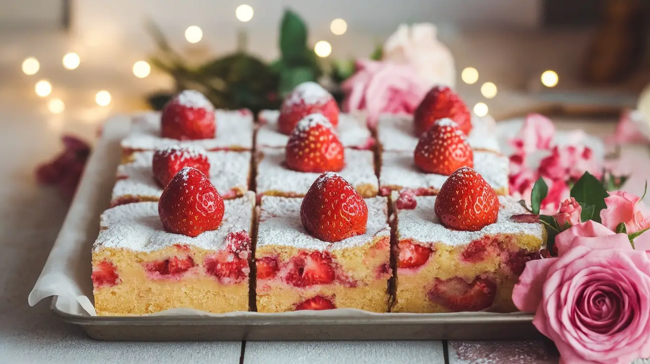 Delicious Strawberry Shortcake Blondie Bars topped with strawberries, dusted with powdered sugar, on a rustic table for Valentine