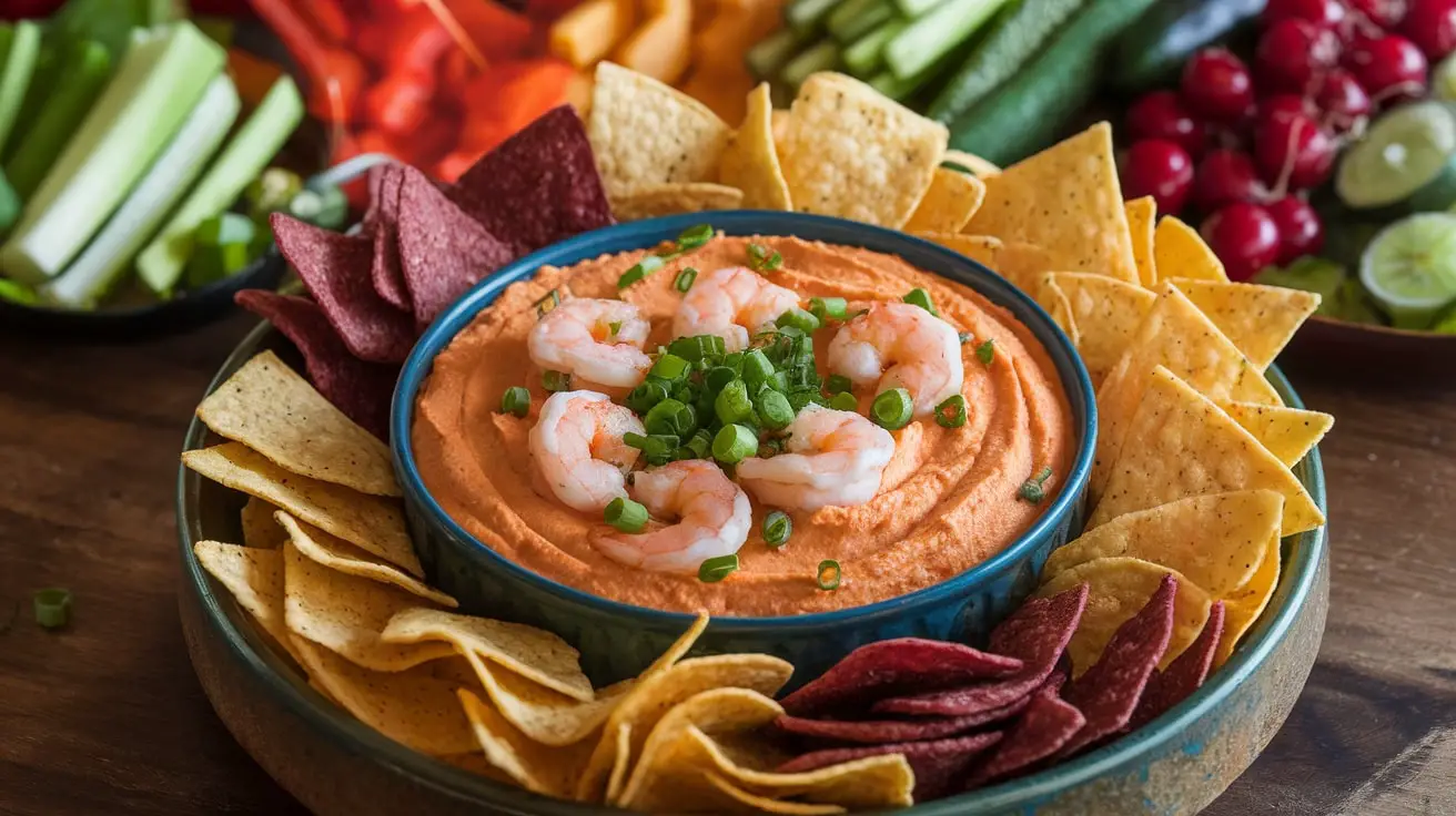 A bowl of Sweet Chili and Garlic Shrimp Dip with tortilla chips and vegetables on a wooden table.