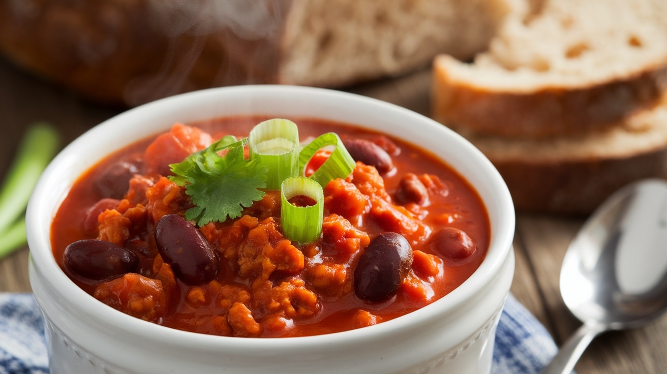 A hearty bowl of chili with kidney beans, ground meat, and tomatoes, garnished with green onions and cilantro on a rustic table with bread.