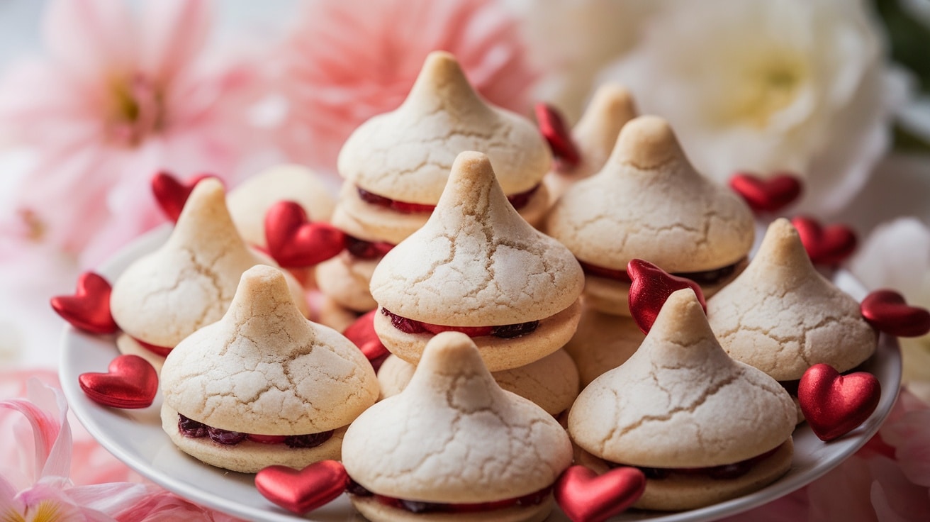 A plate of White Chocolate Cranberry Kisses cookies surrounded by heart decorations for Valentine