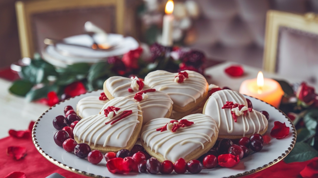 Heart-shaped white chocolate cranberry cookies on a plate, decorated for Valentine