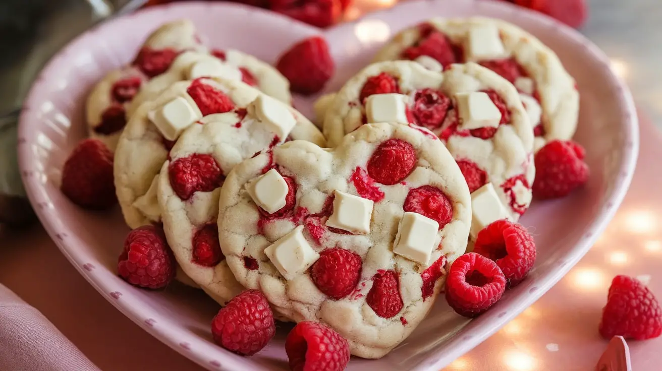 A heart-shaped plate of white chocolate raspberry cookies with raspberries scattered around.