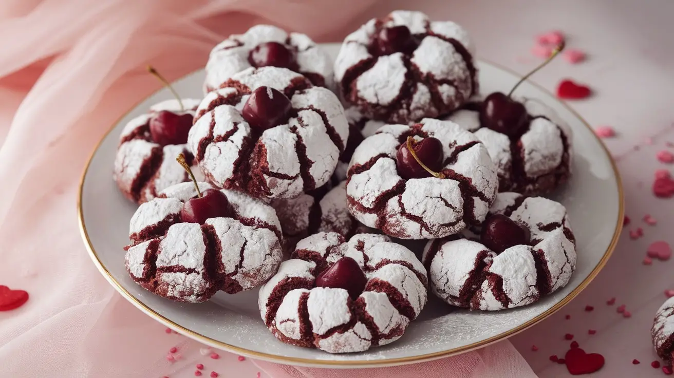 Chocolate Cherry Love Crinkles dusted with powdered sugar, on a pink tablecloth with heart-shaped sprinkles.