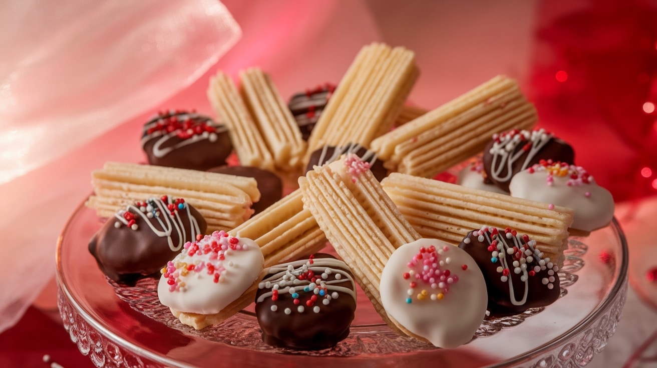 Delicate vanilla bean wafer cookies on a plate, some dipped in chocolate and sprinkled, set against a romantic backdrop.