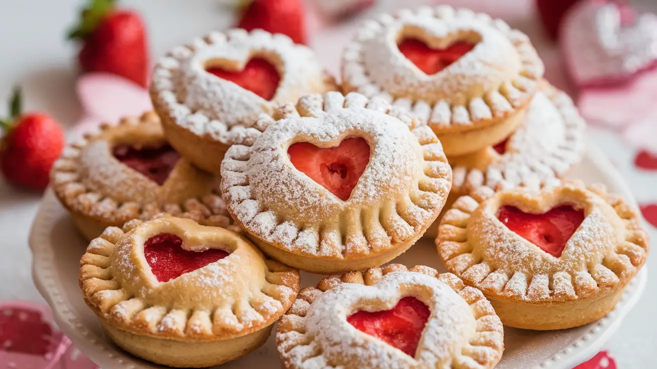 Plate of Strawberry Kiss Mini Pies dusted with powdered sugar, with fresh strawberries and decorative hearts.