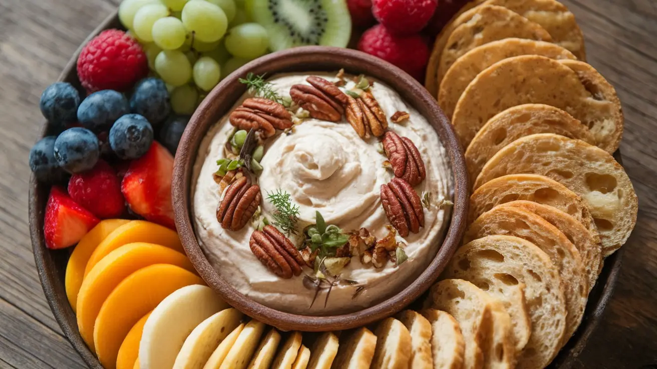 Maple Pecan Whipped Goat Cheese Dip in a rustic bowl, garnished with pecans and herbs, with fruits and crackers around.