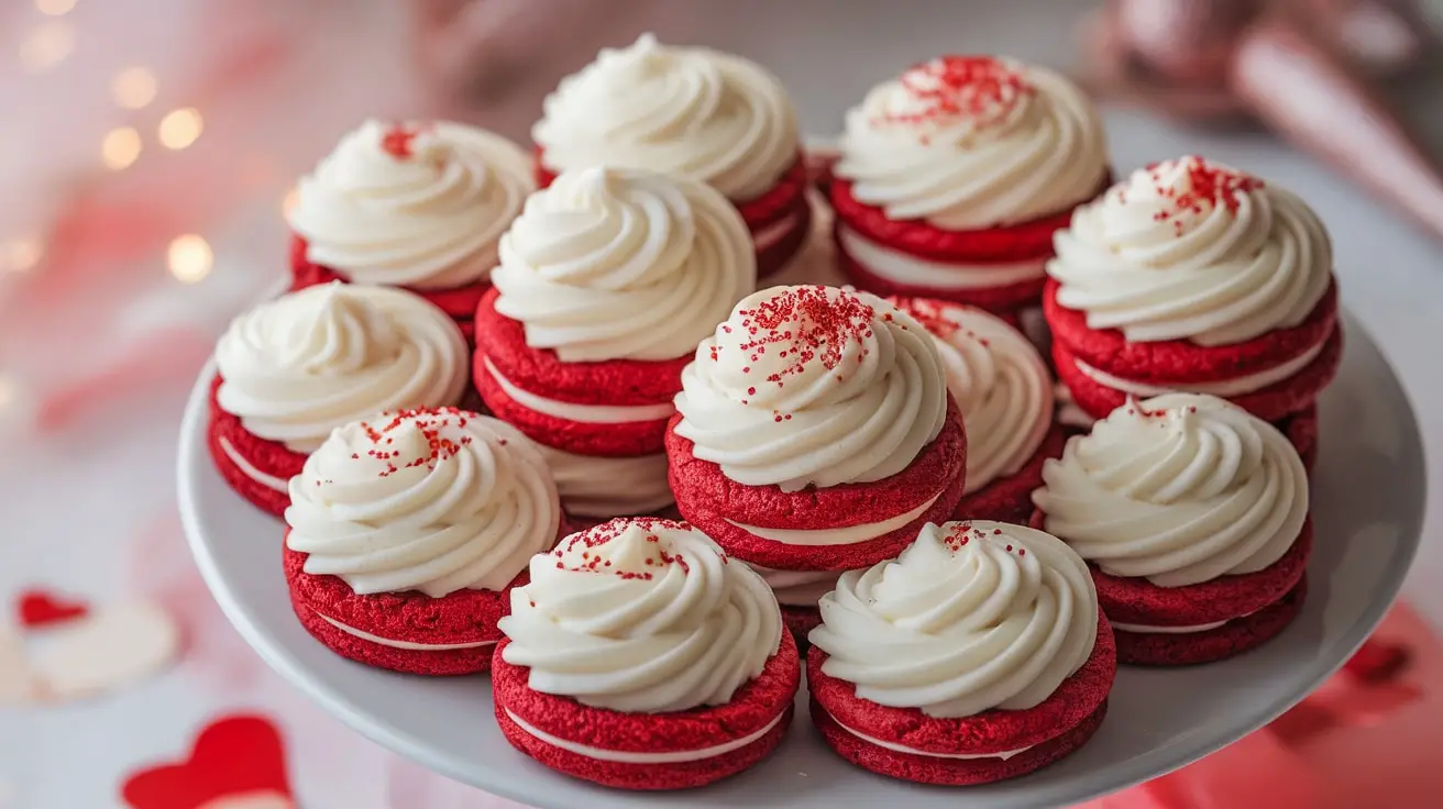 A plate filled with red velvet cookies topped with cream cheese frosting, adorned with red sprinkles in a romantic setting.