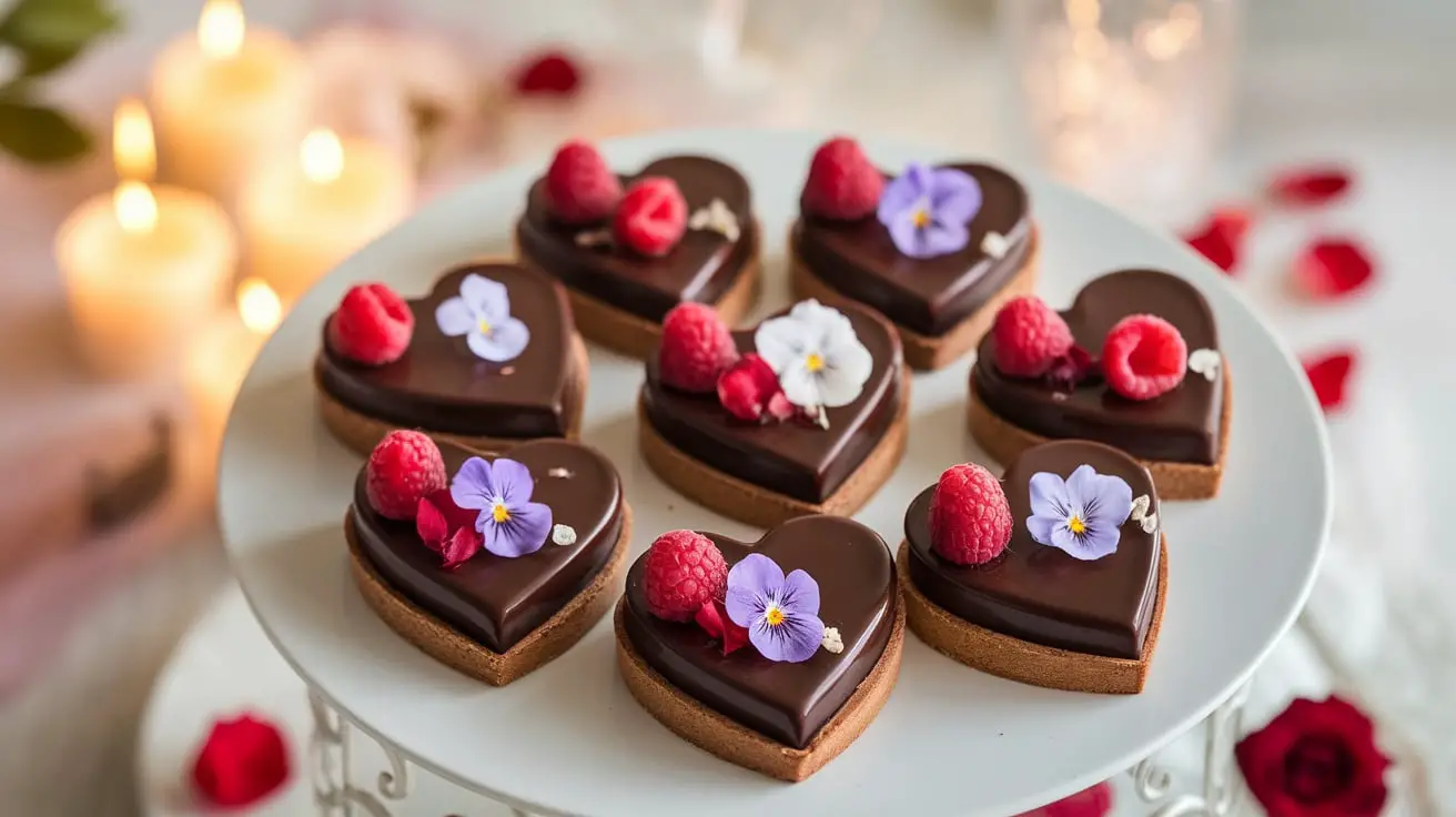 Heart-shaped chocolate ganache tarts garnished with raspberries and edible flowers on a romantic table setting.