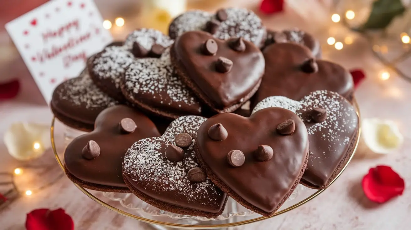 Heart-shaped dark chocolate mocha cookies on a plate, dusted with powdered sugar, surrounded by rose petals.