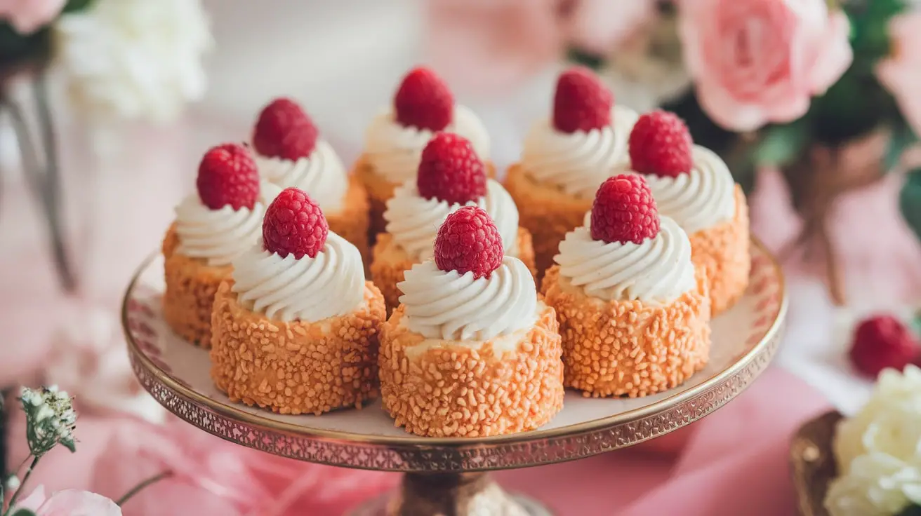 Charming Raspberry Kiss Mini Cakes with frosting and raspberries on a decorative plate.