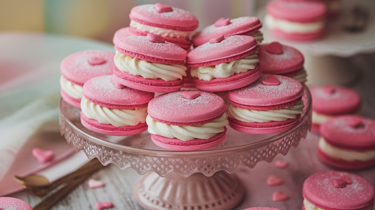 Pink velvet cookie sandwiches with cream cheese filling and heart-shaped sprinkles on a cake stand.