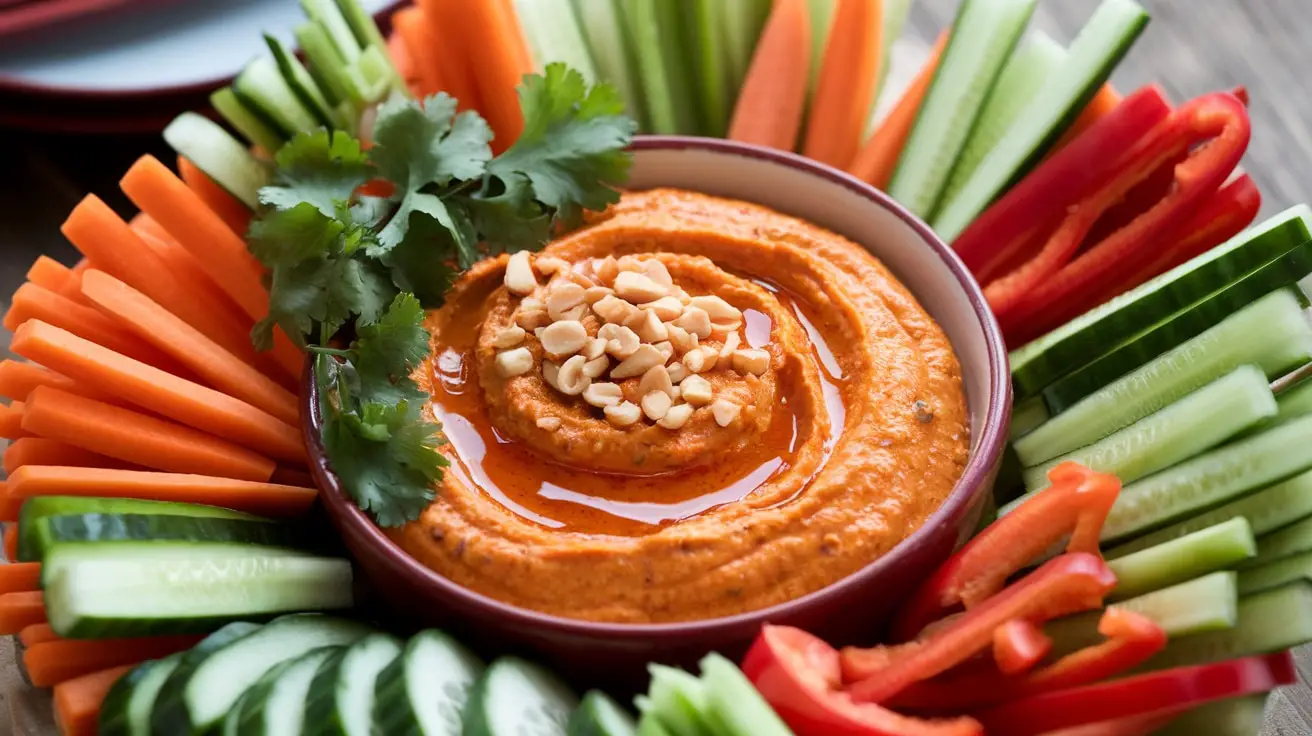 A colorful array of vegetables and a bowl of Spicy Thai Peanut Dip garnished with peanuts and cilantro.