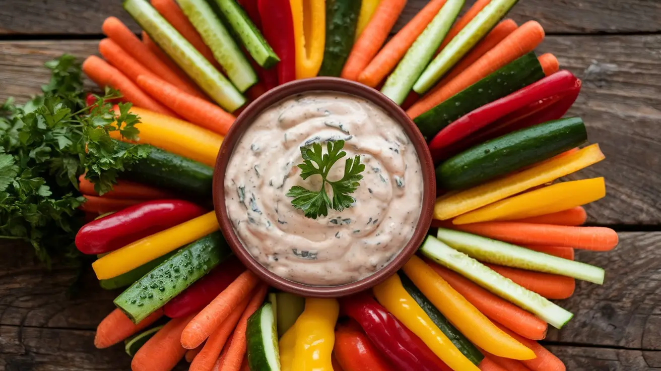 Zesty Italian Dressing Dip in a bowl with fresh vegetables on a wooden table.